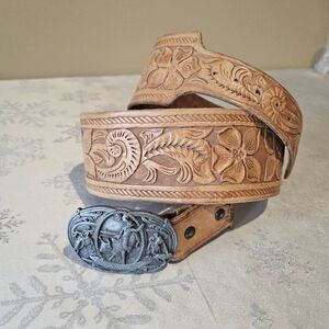 Rodeo Silver Belt Buckle Leather Artisan Carved Belt 1987 Bergamot VTG Western